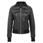 Black Bomber Leather Jacket for Women