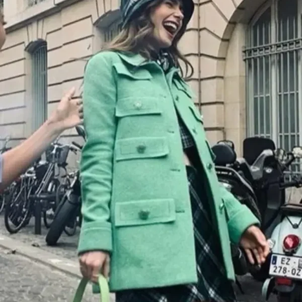 Lily Collins Emily In Paris Green Long Coat