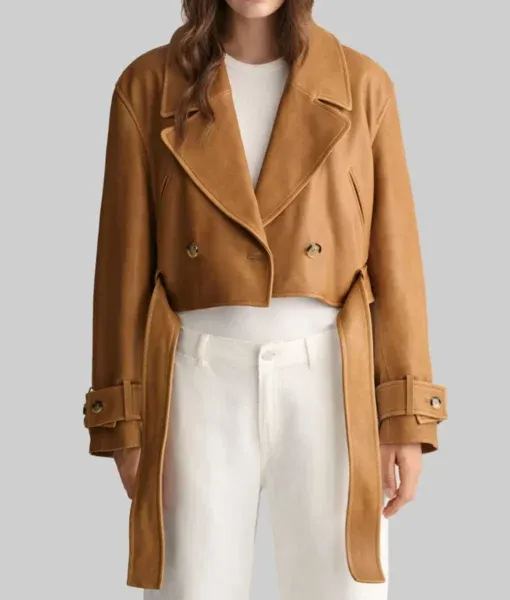 Maya Women’s Tan Cropped Leather Trench Coat